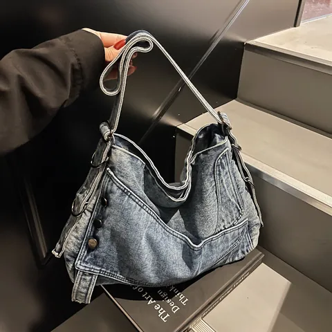 Borsa a Spalla in Denim Lavato Vintage per Donna Grande Capacità Tote Crossbody Borsa Street Trend Borsa a Mano Hobo Bag