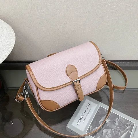 Women Vintage Litchi Grain PU Leather Crossbody Bag Contrast Stitching Flap Square Shoulder Bag Adjustable Strap Handbag