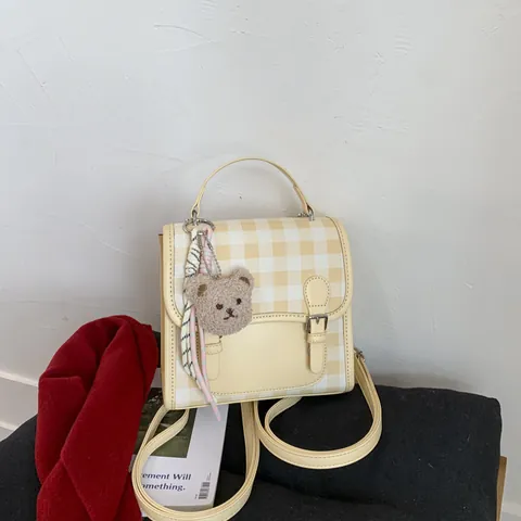 Women's Casual Plaid Mini Backpack Patchwork PU Leather Handheld Small Schoolbag Crossbody Bag With Cute Bear Pendant