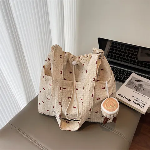 Women Canvas Drawstring Shoulder Bag Large Capacity Off-White Red Bow Print Tote Bag With Plush Pendant Japanese Handbag