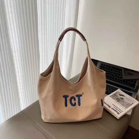 Bolso de Mano de Lona de Gran Capacidad para Mujer Color Sólido Bordado Letra Elegante Casual Bolso de Hombro para el Uso Diario