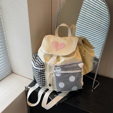 Dames Mini Rugzak Schattig Hartpatroon Patchwork Geruit Contrastkleur Stof Schooltas Voor Meisjes Casual Reizen Daypack