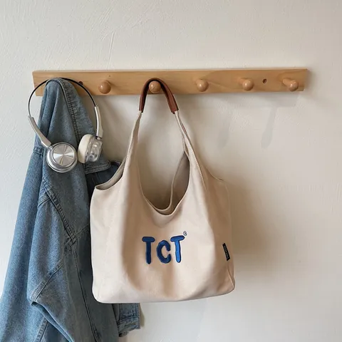 Bolso de Mano de Lona de Gran Capacidad para Mujer Color Sólido Bordado Letra Elegante Casual Bolso de Hombro para el Uso Diario