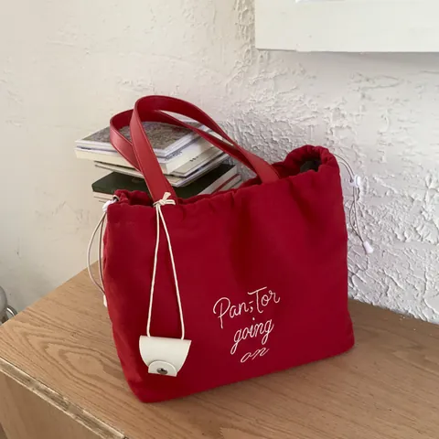 Damen Canvas Tote Bag Große Kapazität Buchstaben Stickerei Kordelzug Umhängetasche Mit Lederanhänger Retro Handtasche