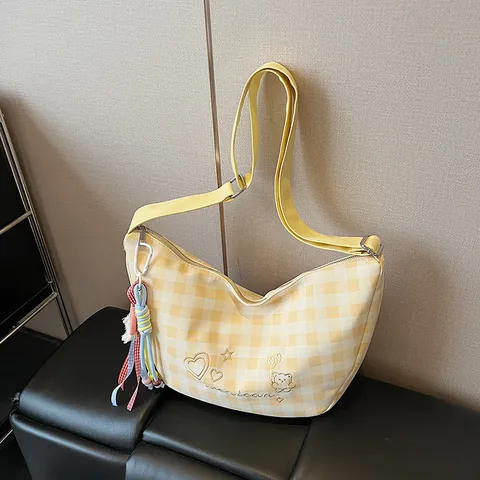 Women Plaid Hobo Crossbody Bag Embroidery Cartoon Bear Heart Rainbow Pendant PU Canvas Casual Fresh Shoulder Bag