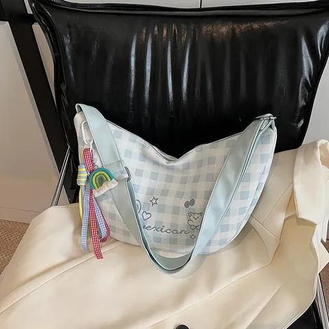 Women Plaid Hobo Crossbody Bag Embroidery Cartoon Bear Heart Rainbow Pendant PU Canvas Casual Fresh Shoulder Bag