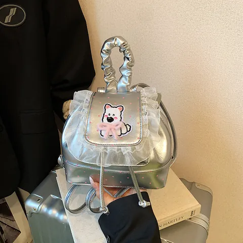 Women Mini Fashion Backpack Sweet Girl Polka Dot Lace Puppy Patch Embroidery PU Leather Small Travel Bag With Scrunchie Handle