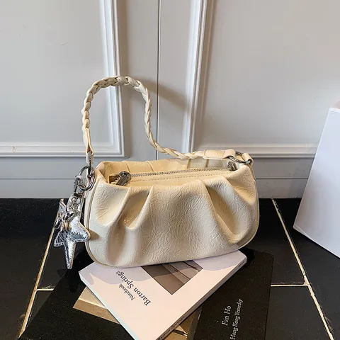 Women Fashion Pleated Underarm Bag Woven Handle Star Pendant PU Leather Cloud Shoulder Crossbody Bag Casual Streetwear Satchel