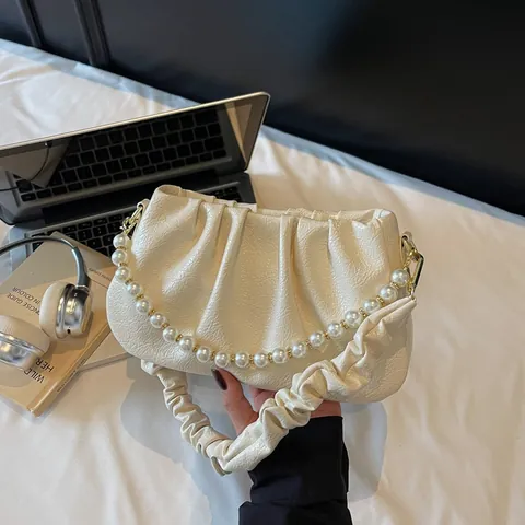 Women Fashion Pleated Ruched Cloud Bag Pearl Chain Shoulder Crossbody Bag PU Leather Elegant Handbag Evening Clutch Gift