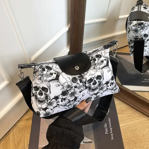 Gothic Skull Rose Print PU Leather Crossbody Bag For Women Fashion Punk Style Shoulder Bag With Adjustable Wide Strap