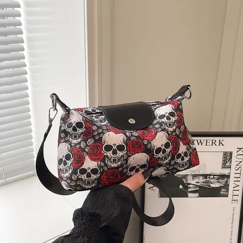 Gothic Skull Rose Print PU Leather Crossbody Bag For Women Fashion Punk Style Shoulder Bag With Adjustable Wide Strap