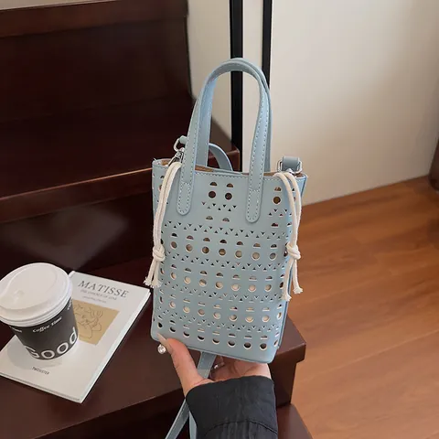 Borsa a Secchiello Intagliata da Donna Geometrica Taglio Laser in Pelle PU Tracolla Con Pochette Interna Casual