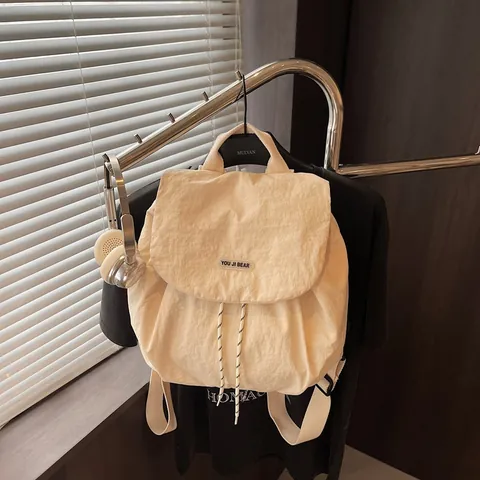 Women's Casual Drawstring Backpack Large Capacity Nylon School Bag Fashion Color Block Travel Daypack With Functional Pockets