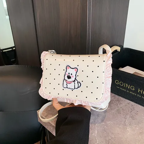 Cute Polka Dot Crossbody Bag For Women Girls Sweet Ruffle PU Leather Small Square Bag With Cartoon Dog Patch Shoulder Bag