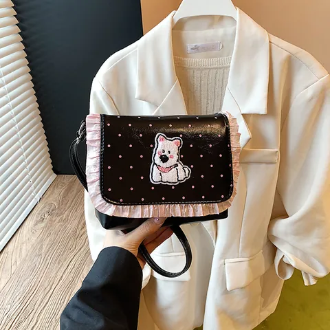Cute Polka Dot Crossbody Bag For Women Girls Sweet Ruffle PU Leather Small Square Bag With Cartoon Dog Patch Shoulder Bag