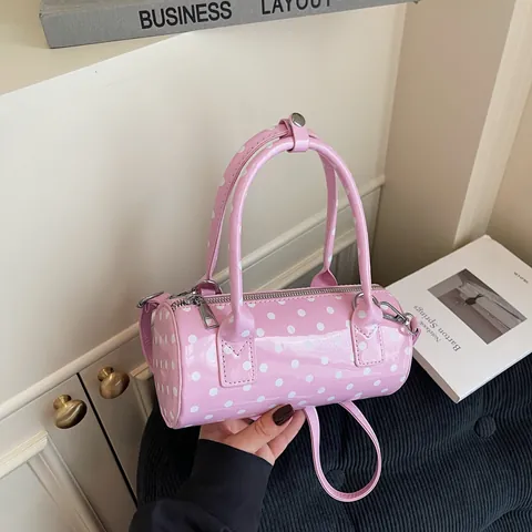 Women Retro Polka Dot Cylinder Handbag PU Leather Small Tote Bag With Shoulder Strap Fashion Crossbody Pillow Bag