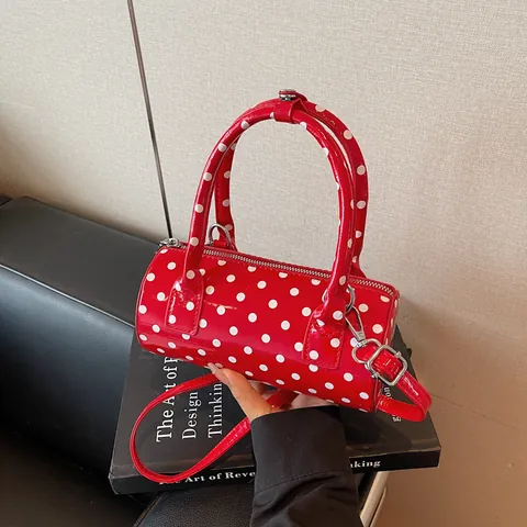 Women Retro Polka Dot Cylinder Handbag PU Leather Small Tote Bag With Shoulder Strap Fashion Crossbody Pillow Bag