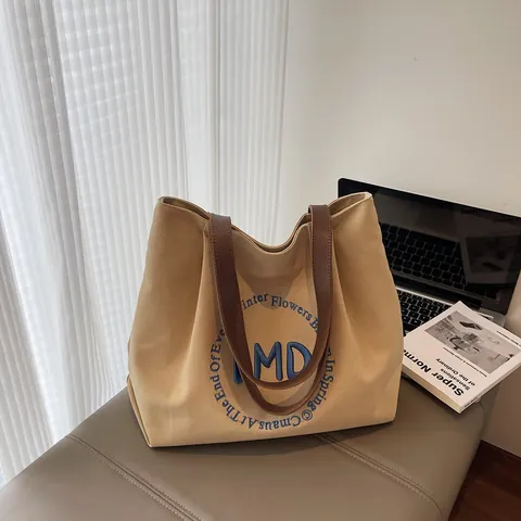 Damen Große Canvas Tragetasche Buchstaben Stickerei Reißverschluss Pendler Umhängetasche Koreanische Lässige Mode Handtasche