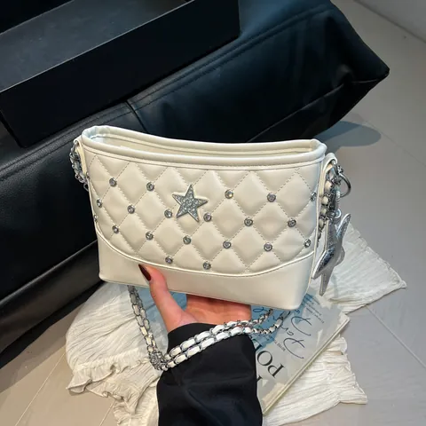 Women Fashion Quilted Diamond Pattern Underarm Bag With Rhinestone Star Decor PU Leather Chain Strap Shoulder Bag