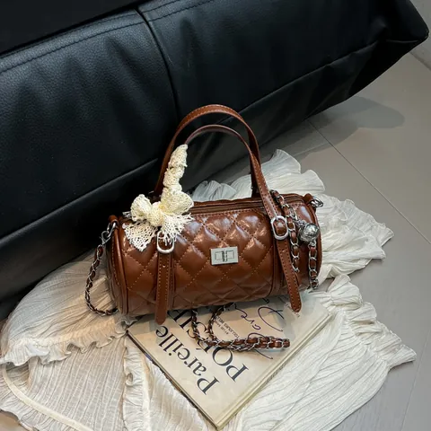 Niche Fashion Women Quilted Cylinder Handbag Sweet Lace Bow PU Leather Crossbody Bag With Metal Chain Strap Shoulder Bag