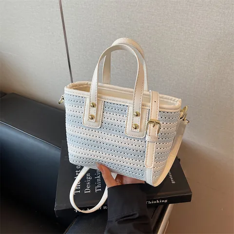 Damen Gestreifte Gewebte Tragetasche Große Kapazität Stroh Umhängetasche Mit Kunstledergriff Crossbody Kleine Quadratische Tasche Für Alltag