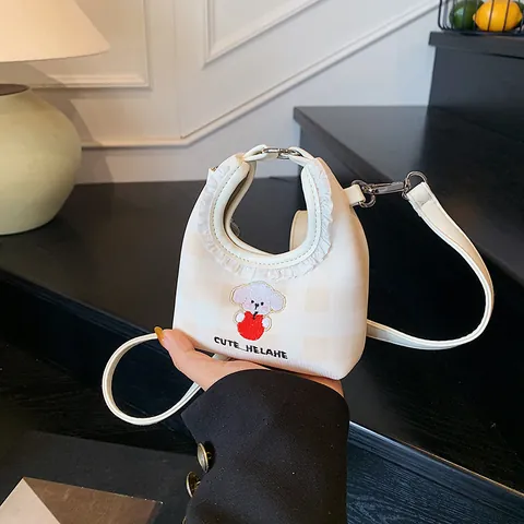 Borsa a Tracolla Mini a Quadri da Donna con Ricamo a Cartone Animato Cane Piccola Borsa a Mano con Volant Moda Coreana Giornaliera