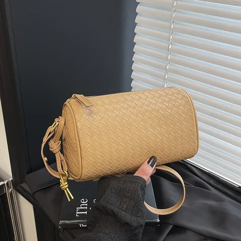 Woven Cylinder Shoulder Bag Women PU Leather Minimalist Crossbody Barrel Bag Stylish Pillow Handbag Street Fashion Item