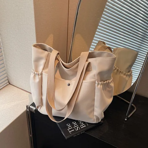 Dames Grote Capaciteit Canvas Tote Bag Casual Japans Minimalistisch Schoudertas Met Voorzak En Elastische Zijvakken