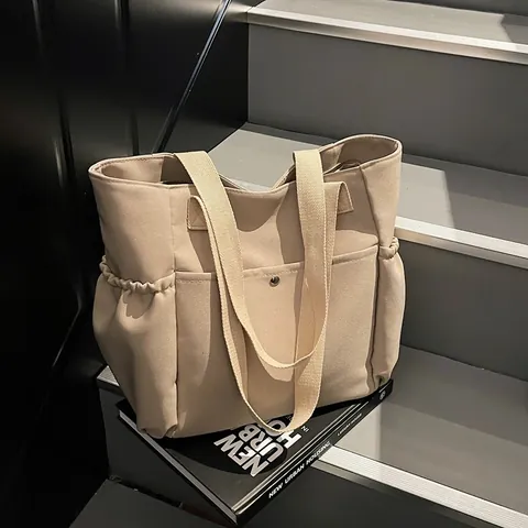 Dames Grote Capaciteit Canvas Tote Bag Casual Japans Minimalistisch Schoudertas Met Voorzak En Elastische Zijvakken