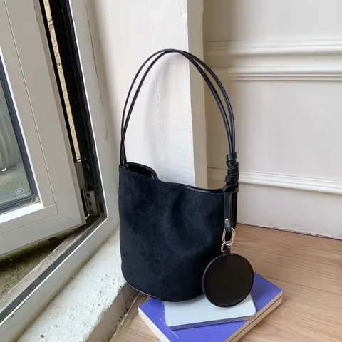 Minimalist Suede Texture PU Leather Bucket Bag For Women Fashion Solid Color Shoulder Bag With Round Pendant Purse Top Handle