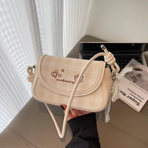 Women Gingham Baguette Bag With Embroidery Heart Pattern PU Leather Small Square Shoulder Crossbody Bag With Pearl Lace Charm