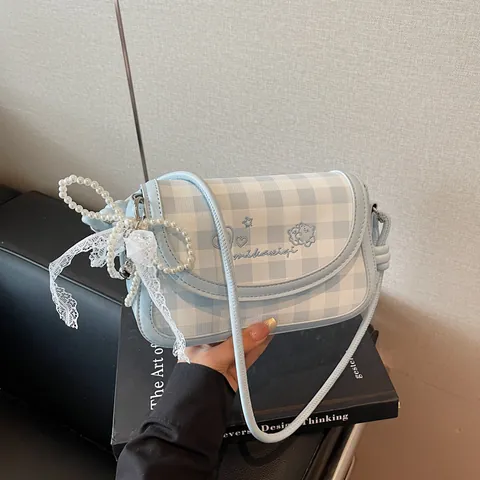 Women Gingham Baguette Bag With Embroidery Heart Pattern PU Leather Small Square Shoulder Crossbody Bag With Pearl Lace Charm