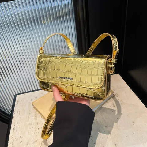 Fashion Women Crocodile Pattern PU Leather Underarm Bag Trendy Glossy Metallic Flap Shoulder Bag With Removable Strap