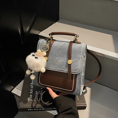Women Vintage Contrast Color PU Leather Mini Backpack Preppy Style Multi Purpose Handbag Shoulder Bag With Plush Charm