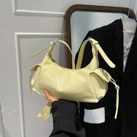 Borsa Sottobraccio Vintage In Pelle PU Lucida Grinzosa Per Donna Borsa Tracolla Con Coulisse Laterale Moda