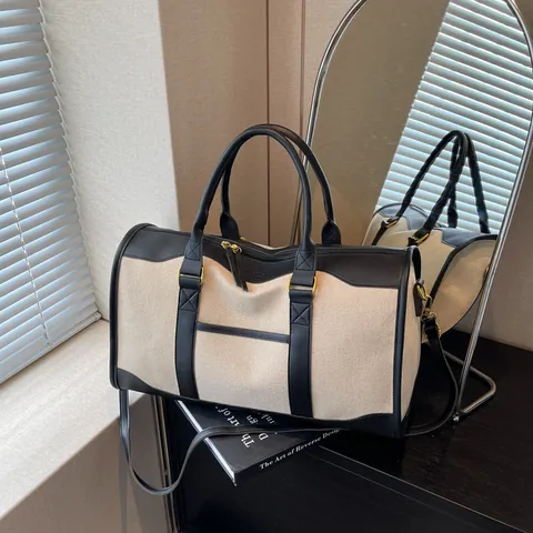 Women Large Capacity Canvas Travel Bag Retro Contrast Color Boston Handbag Weekend Fitness Bag With Adjustable Shoulder Strap