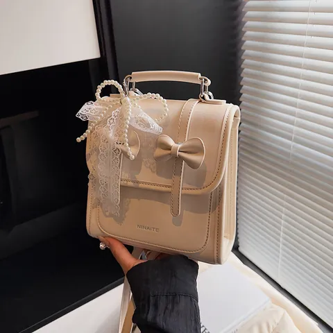 Mochila Estilo Preppy para Mujer con Lazo Cuero PU a Cuadros Bolso de Mano Dije de Encaje de Perlas Artificiales Bolso de Bandolera Moda