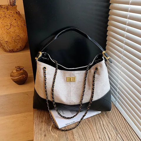 Bolso Tote Vintage para Mujer Color de Contraste Acolchado Romboidal Cuero PU Lino Bolso de Hombro Con Cadena de Metal y Cierre Giratorio