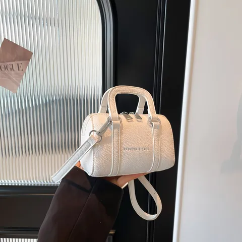 Women's Mini Boston Bag Litchi Pattern PU Leather Handheld Crossbody Shoulder Bag Fashion Letter Print Small Purse