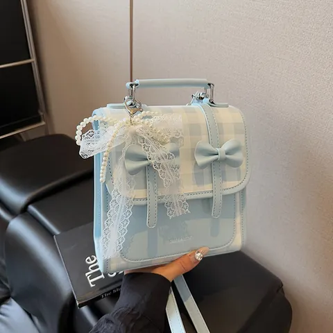 Mochila Estilo Preppy para Mujer con Lazo Cuero PU a Cuadros Bolso de Mano Dije de Encaje de Perlas Artificiales Bolso de Bandolera Moda