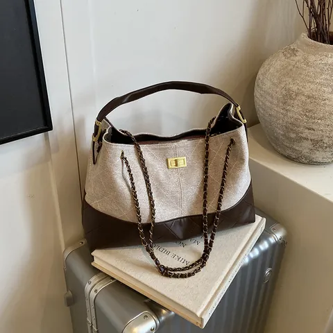 Bolso Tote Vintage para Mujer Color de Contraste Acolchado Romboidal Cuero PU Lino Bolso de Hombro Con Cadena de Metal y Cierre Giratorio