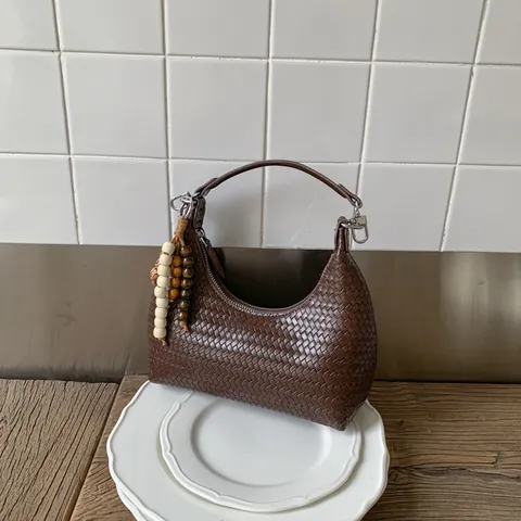 Women Woven PU Leather Underarm Bag Fashion Crescent Hobo Bag With Beaded Tassel Charm Retro Street Trend Shoulder Bag