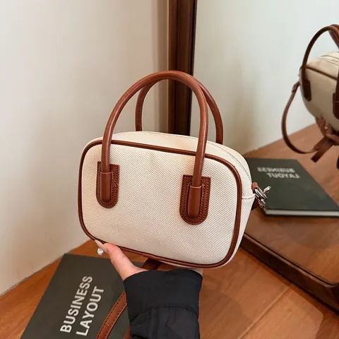 Damen Retro PU Leder Boston Bowling Tasche Mode Kontrastfarbe Handtasche Pendler Schulter Umhängetasche Quadratische Tasche