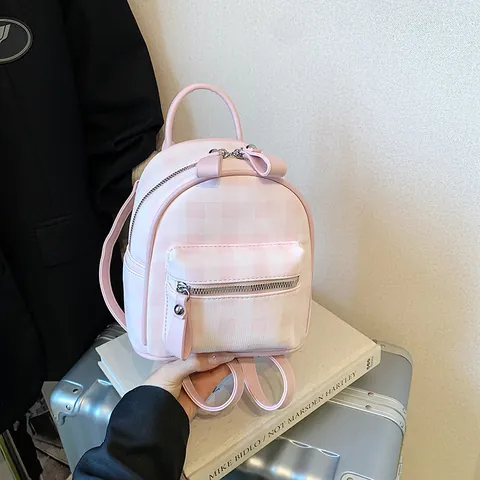 Women Fashion Mini Backpack PU Leather Gingham Plaid College Style Small Shoulder Bag With Adjustable Straps For Daily Travel