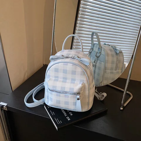 Women Fashion Mini Backpack PU Leather Gingham Plaid College Style Small Shoulder Bag With Adjustable Straps For Daily Travel