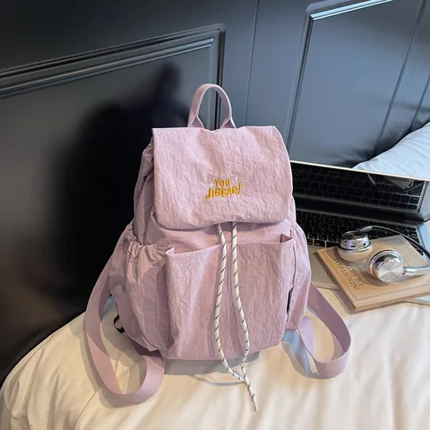Women Large Capacity Nylon Backpack Drawstring Flap School Bag Korean Style Laptop Backpack For Travel Commute Students