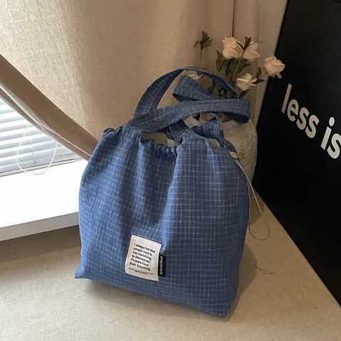 Borsa Tote in Tela Gingham da Donna Grande Capacità Stile Coreano Borsa a Spalla con Coulisse Borsa a Mano in Tessuto a Quadri