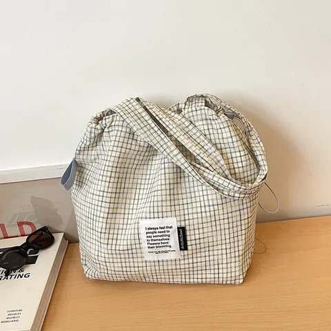 Borsa Tote in Tela Gingham da Donna Grande Capacità Stile Coreano Borsa a Spalla con Coulisse Borsa a Mano in Tessuto a Quadri