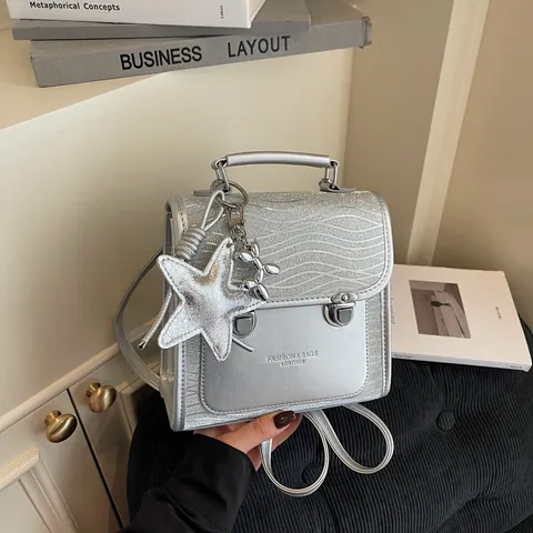 Metallic Silver PU Leather Mini Backpack Multi-Functional Shoulder Bag For Women With Star Pendant Rhinestone Leopard Ripple Pattern Sweet Streetwear Backpack