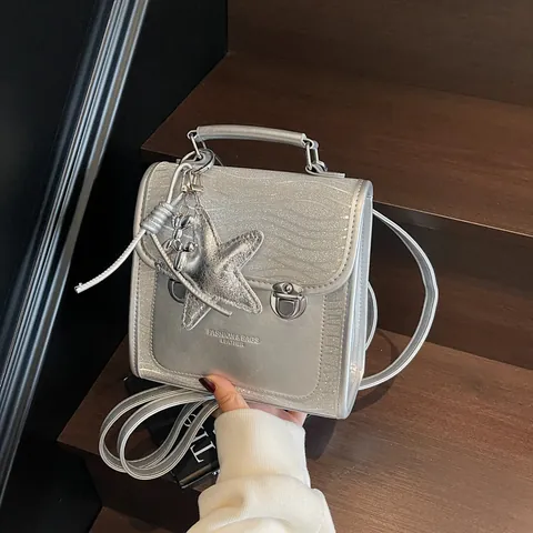 Metallic Silver PU Leather Mini Backpack Multi-Functional Shoulder Bag For Women With Star Pendant Rhinestone Leopard Ripple Pattern Sweet Streetwear Backpack